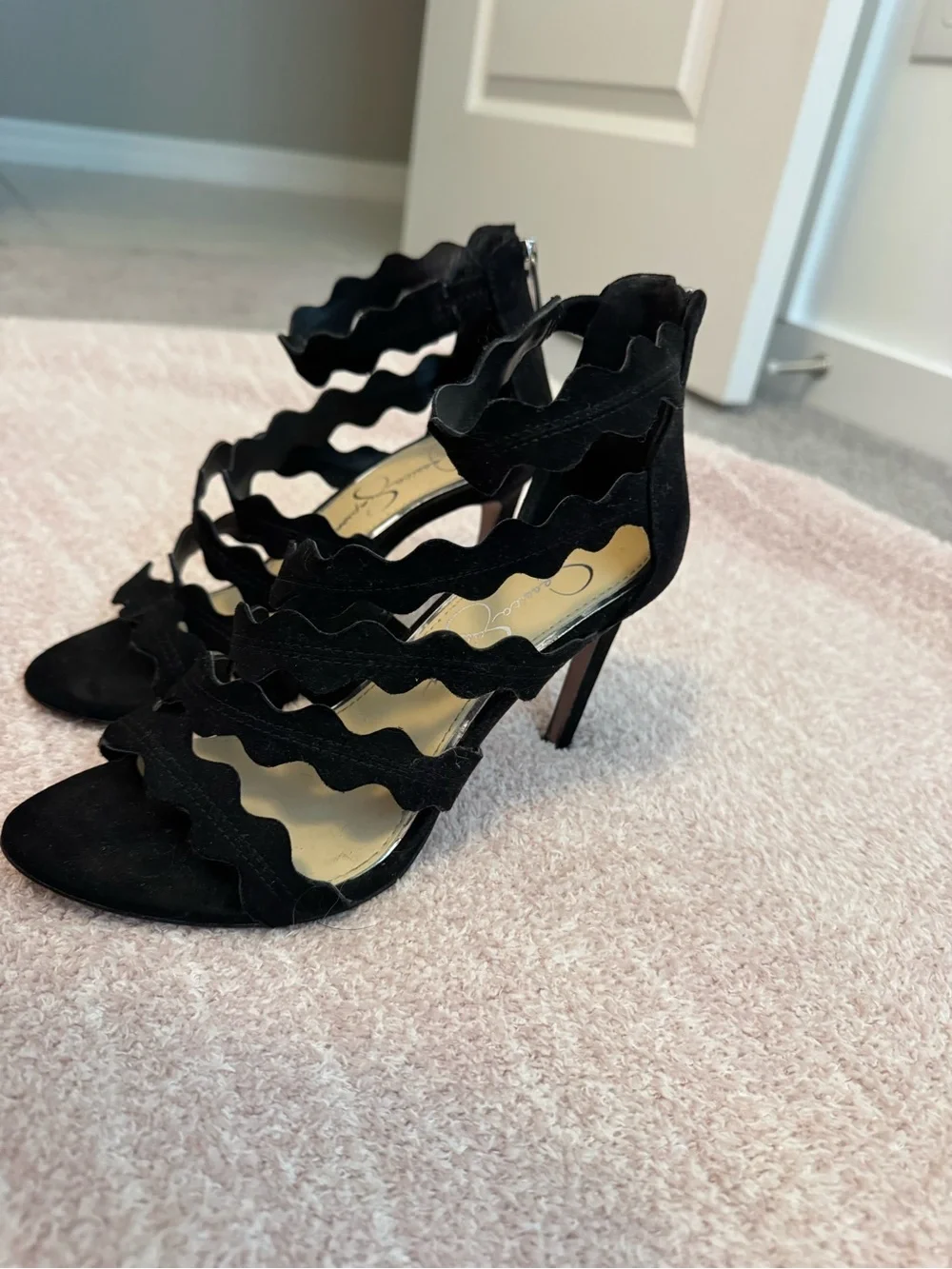 Jessica Simpson Black Wavy Strap Suede Heels